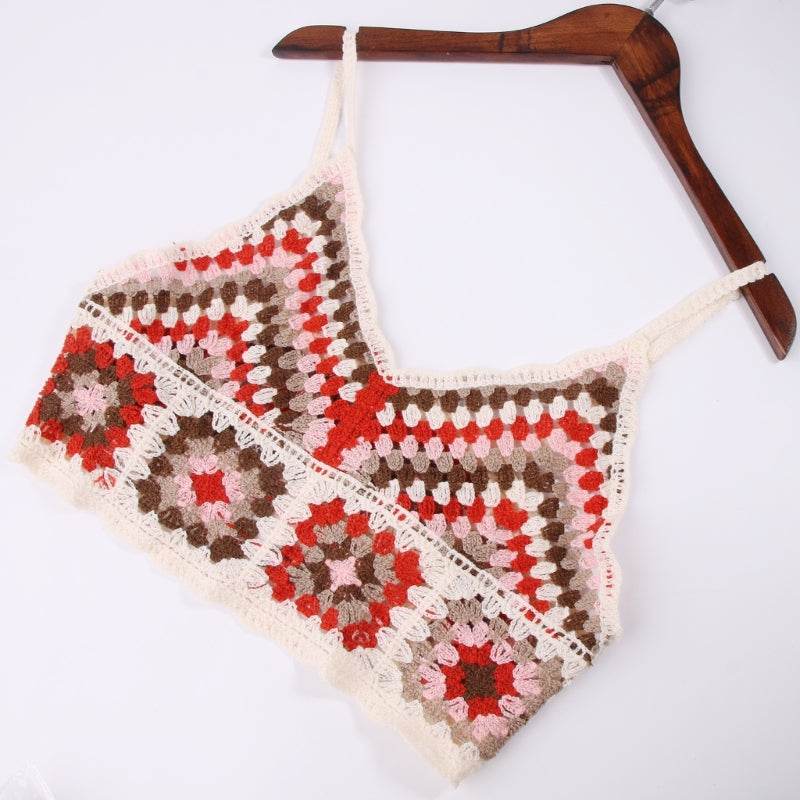 Womens Summer Crochet Knit Crop Top Embroidered Color Block - VacationGrabs