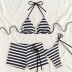 VacationGrabs Women Striped 3 Piece Bikini Set Halter Triangle Top Side Tie Bikini Bottom With Cover Up Shorts Swimsuit Summer Beach