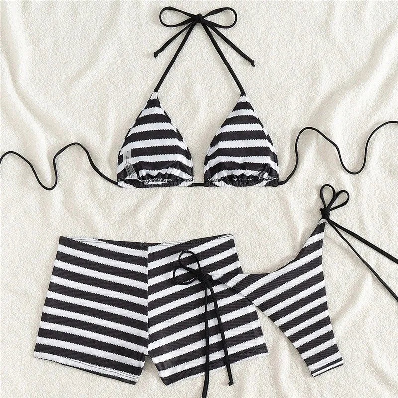 VacationGrabs Women Striped 3 Piece Bikini Set Halter Triangle Top Side Tie Bikini Bottom With Cover Up Shorts Swimsuit Summer Beach