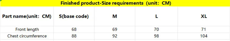 A size chart table with a bright yellow header reading 'Size Chart' and 'Finished product-Size requirements (unit: CM)'. The table lists product part names, S(base code), M, L, and XL sizes in centimeters: front length 68, 69, 70, 71; chest circumference 88, 92, 98, 104.