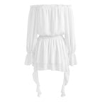 VacationGrabs Elegant Off Shoulder Flare Long Sleeve Chiffon Mini Dress Women Elastic Waist Tiered Ruffle Beach Vacation Short Dress