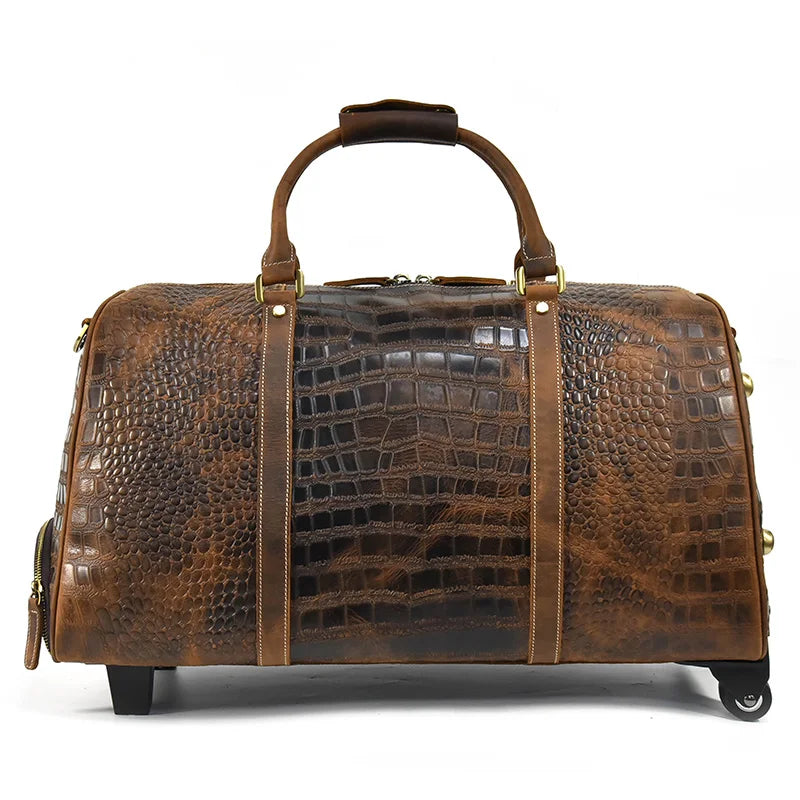 Rolling Genuine leather hand luggage travel bag with wheels