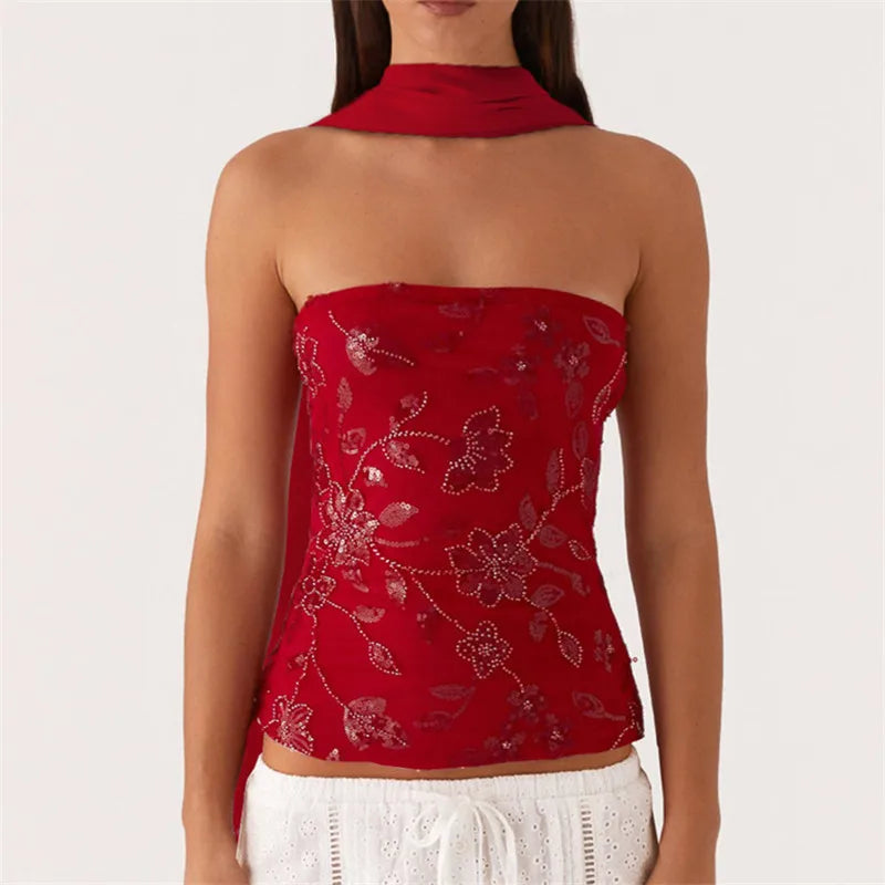 VacationGrabs Women Y2K Sequin Tube Top with Scarf Sexy Backless Pearl Embellished Beaded Cami Bling Glitter Rhinestone Camisole
