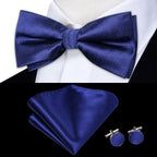 Men's royal blue bow tie silk set with matching pocket square and cufflinks
