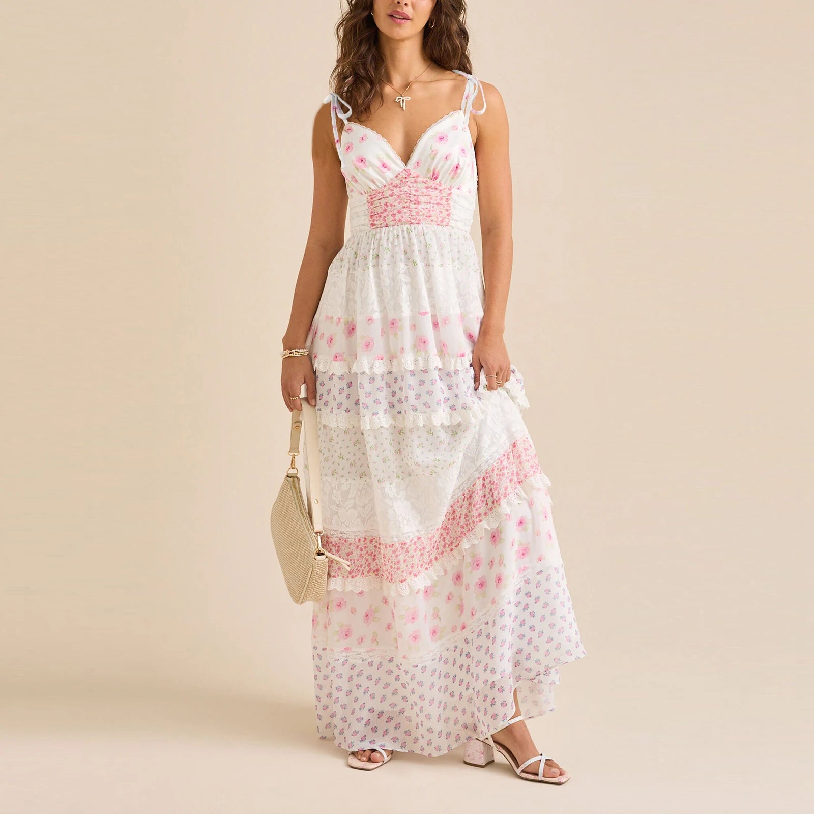 Women Floral Tie Shoulder Dress Deep V Neck Spaghetti Strap Backless A-line Layered Ruffled Long Dress Summer Holiday Sundress