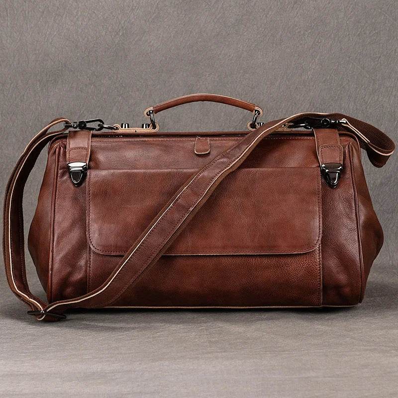 Luxury Leather Carry On Luggage Bag Real Cowskin Travel Duffle - VacationGrabs