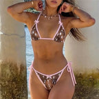 VacationGrabs Women 2 Pieces Bikini Swimsuits Fashion Print Tie-Up Halter Neck Sleeveless Bra Thong Bottoms Beach Bathing Suit Set