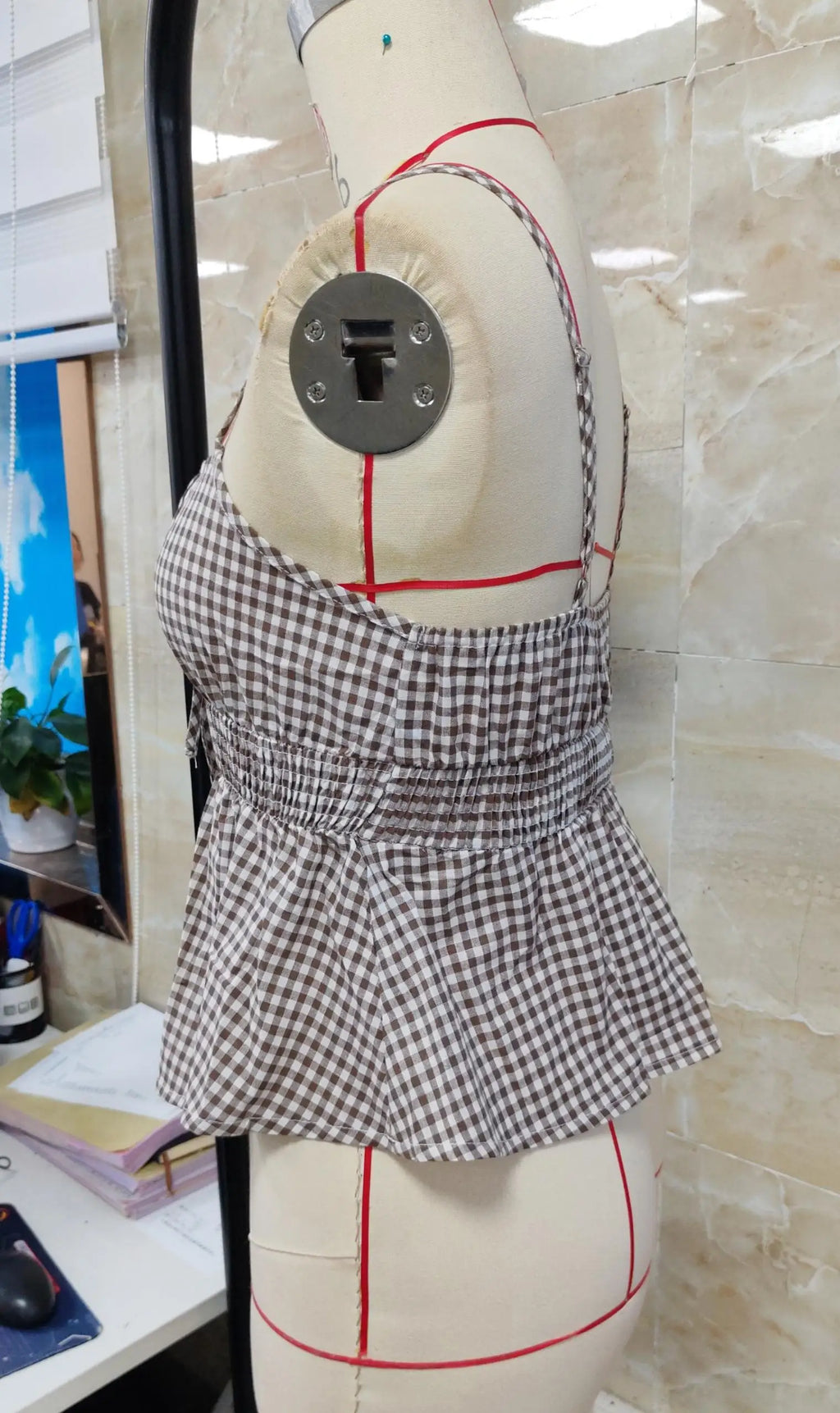 VacationGrabs Summer Gingham Cami Top for Women Sexy Tie Front Ruffle Hem Sleeveless Peplum Blouse Casual Spaghetti Strap Top