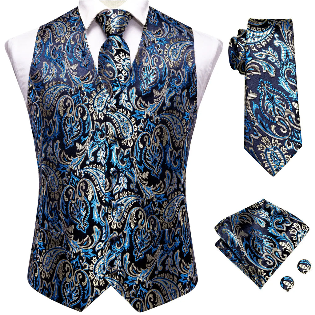 Men's blue paisley tie and vest set for formal occasions