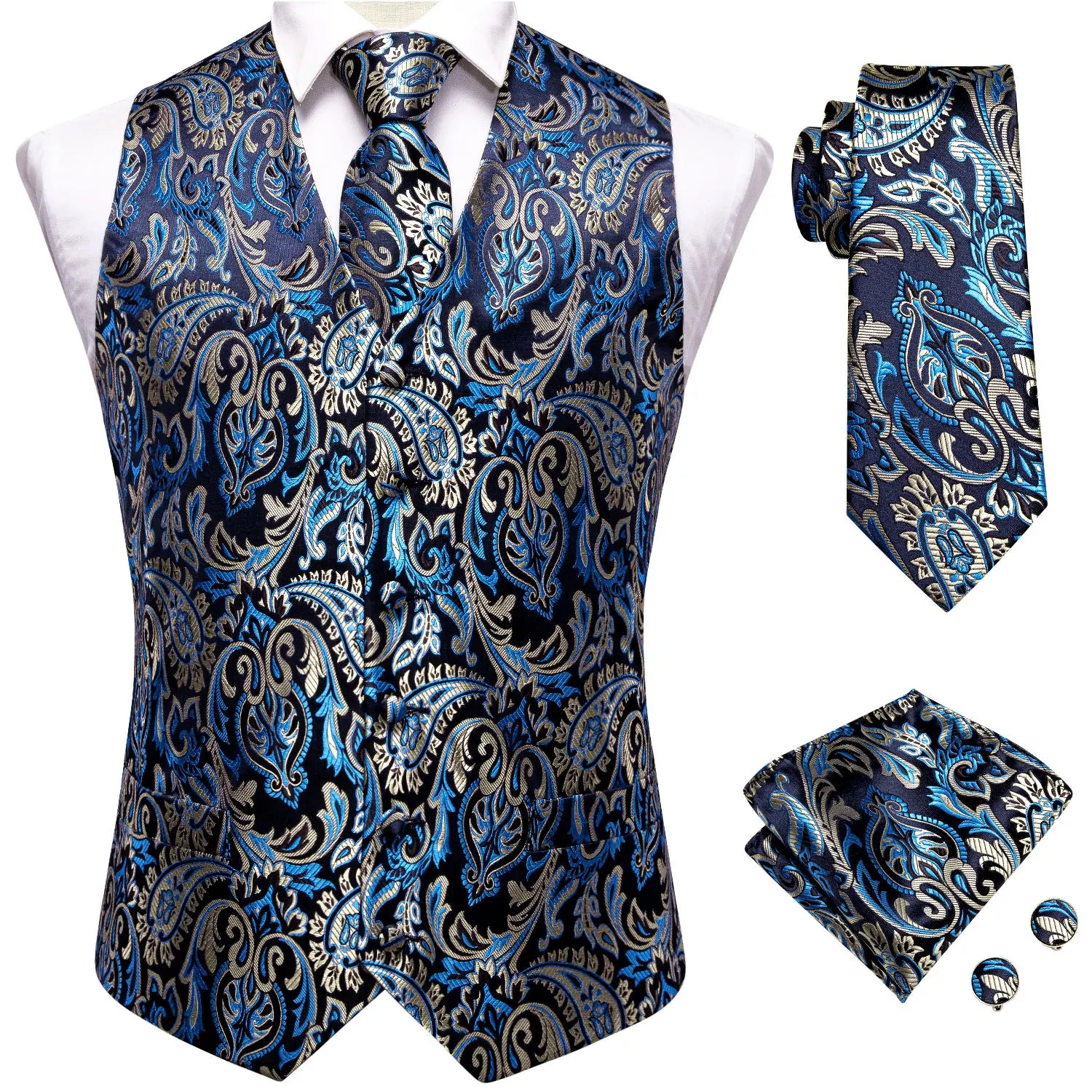 Men's blue paisley tie and vest set for formal occasions