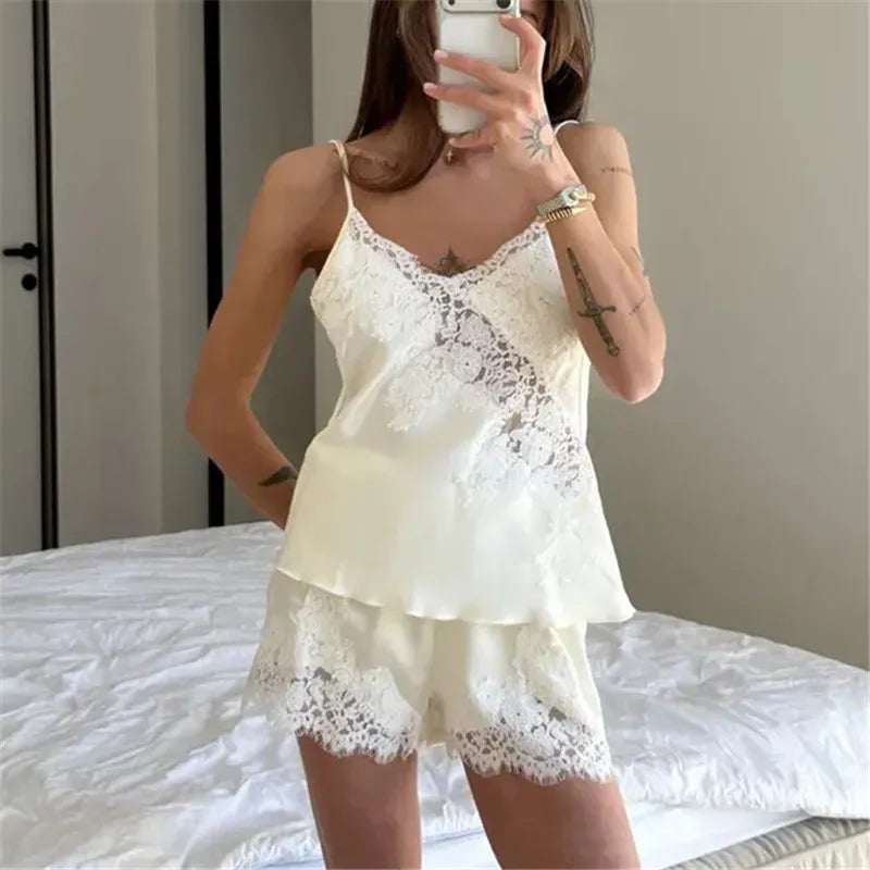 VacationGrabs Satin Lace Patchwork Pajama Set For Women V Neck Thin Strap Sleeveless Top Elastic Short Pants Sweet Home Loungewear