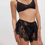 VacationGrabs Women’s Solid Color Lace See Through Shorts Casual Elastic Waist Wide Leg Lingerie Shorts Summer Lounge Bottoms