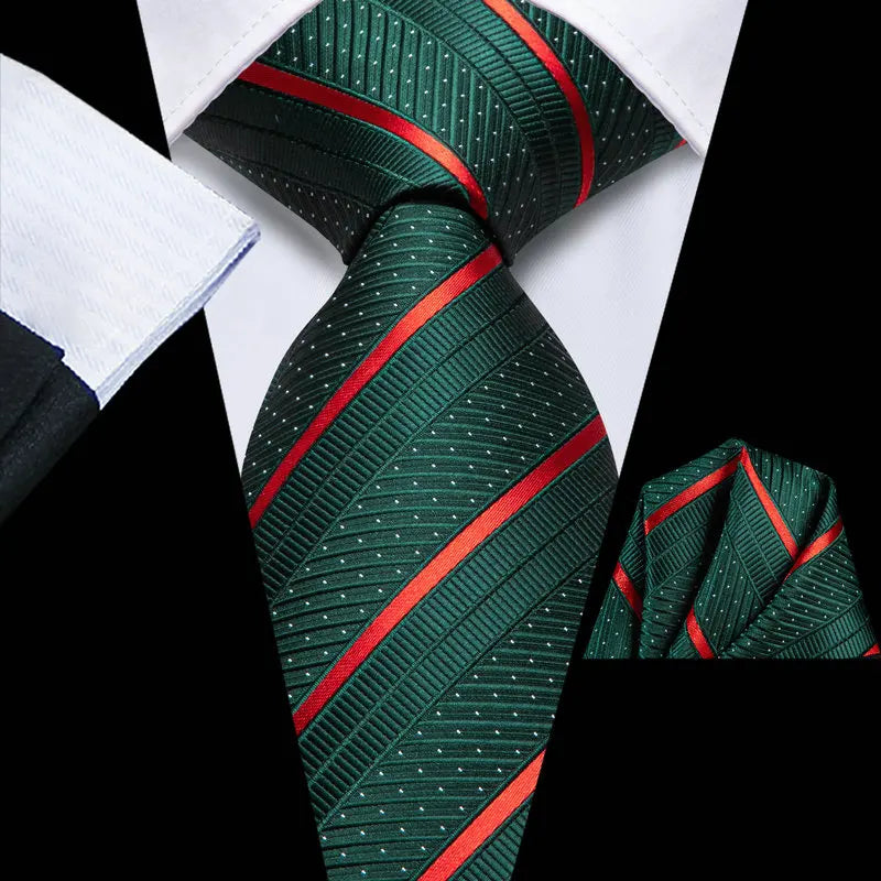 Dark green silk tie with red stripes and a matching pocket square to show how fold a pocket square