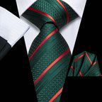 Dark green silk tie with red stripes and a matching pocket square to show how fold a pocket square