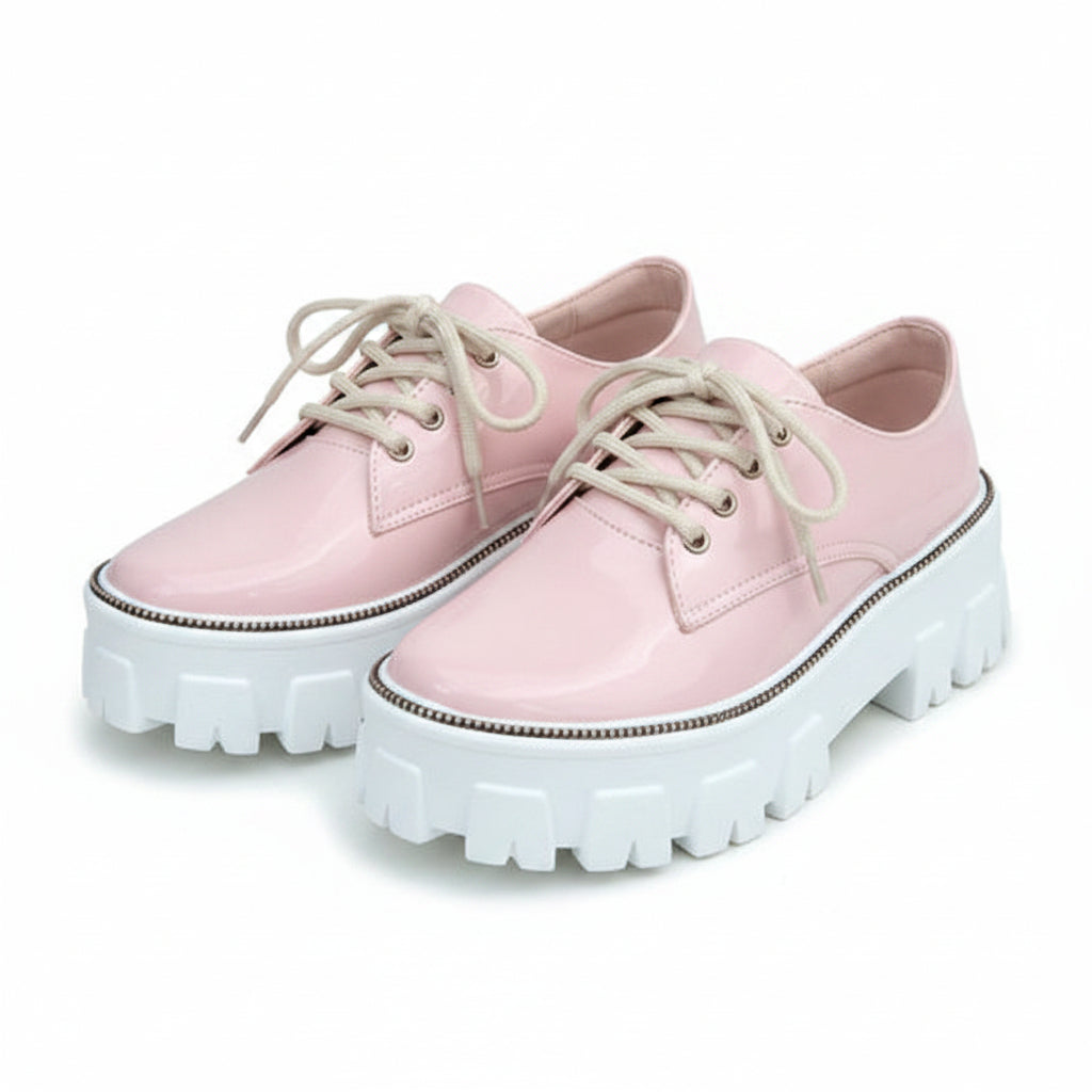 Thick Heel Flat Platform Oxford Women Shoes Black/Red/Pink