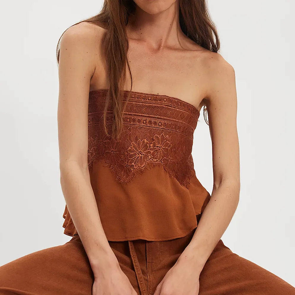 Women Y2k Mesh Tube Tops Floral Embroidery Sleeveless Semi Sheer Strapless Cropped Off Shoulder Cami Bandeau Tops