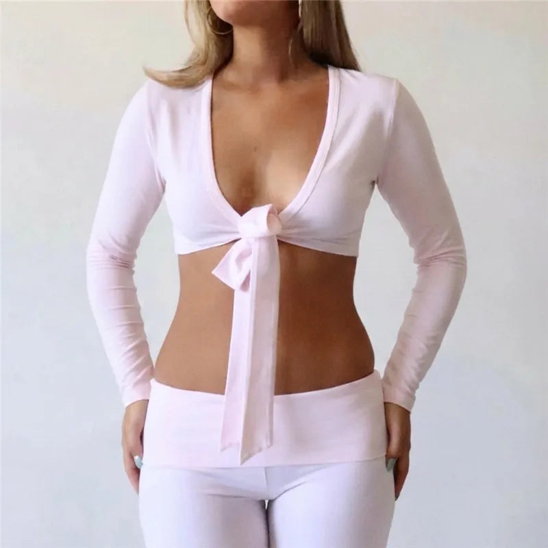 VacationGrabs Y2K Women Deep V Neck Front Tie Knot Crop Top Long Sleeve Slim Fit Solid Cropped Blouse Casual Street Going Out Top