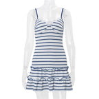 VacationGrabs Women Striped Cami Mini Dress Lace Trim V Neck Bow Detail Ruffle Hem Spaghetti Strap Bodycon Short Dress Summer Beach