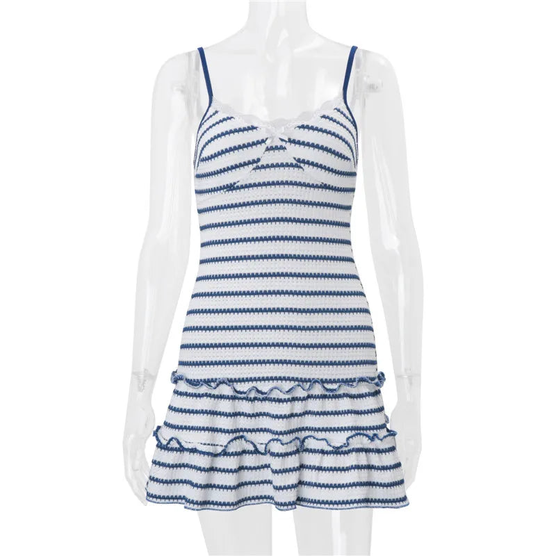 VacationGrabs Women Striped Cami Mini Dress Lace Trim V Neck Bow Detail Ruffle Hem Spaghetti Strap Bodycon Short Dress Summer Beach