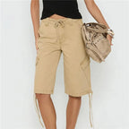 VacationGrabs Women's Y2K Low Waist Cargo Bermuda Shorts Drawstring Tie Hem Knee Length Pants with Pockets Casual Loose Fit Streetwear