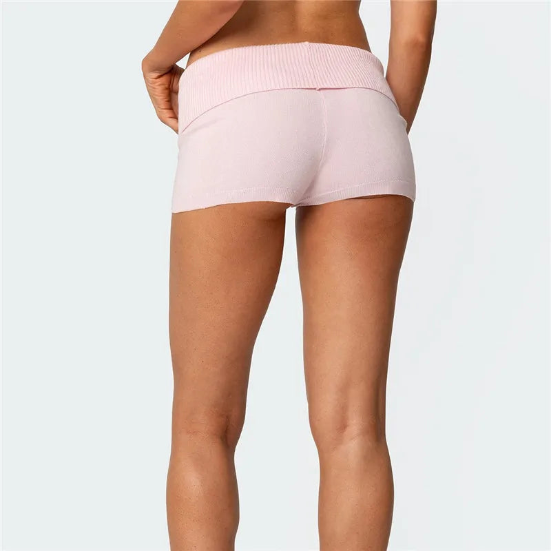 VacationGrabs Women Summer Knit Shorts Casual Solid Color Fold Over Elastic Waist Short Pants for Vacation Beach Club Streetwear