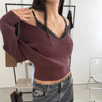 VacationGrabs Women Off Shoulder Lace Trim Knit Top V Neck Batwing Long Sleeve Ribbed Cropped Pullover Casual Fall Streetwear Sweater