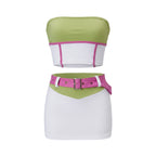 VacationGrabs Halloween Women Color Block Strapless Tube Top Ruched Mini Bodycon Skirt Set With Belt Y2K Cartoon Cosplay Costume