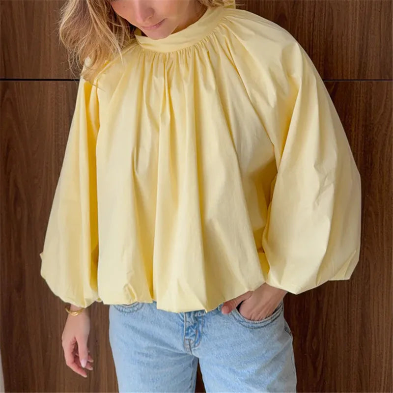 VacationGrabs Women Backless Bow Tie Blouse Stand Collar Puff Long Sleeve Pleated Loose Cropped Shirt Solid Casual Daily Going Out Top