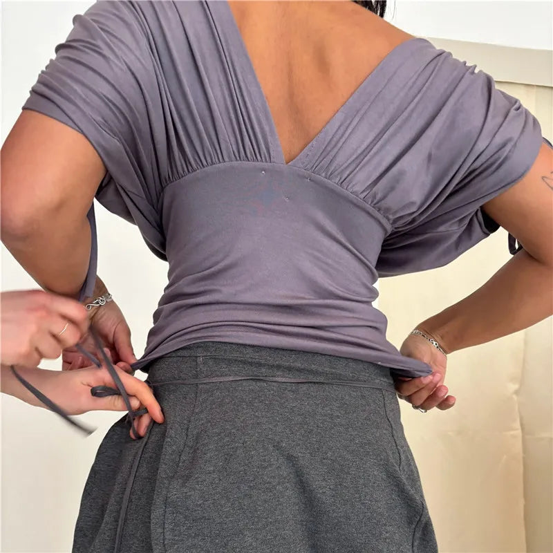 Women's V Neck Drawstring Ruched Short Sleeve Top Y2K Solid Slim Fit T-Shirt Elegant Backless Pleated Blouse Summer Streetwear