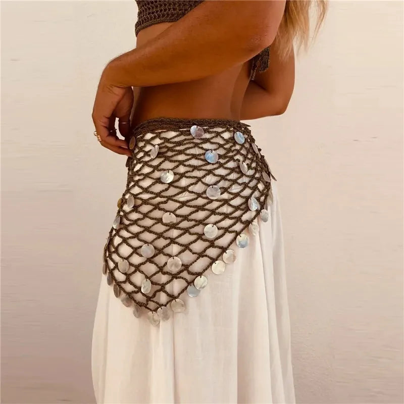 VacationGrabs Women Boho Crochet Sequin Shell Hip Scarf Irregular Mesh Handmade Knit Beach Wrap Skirt Summer Vacation Festival Wear
