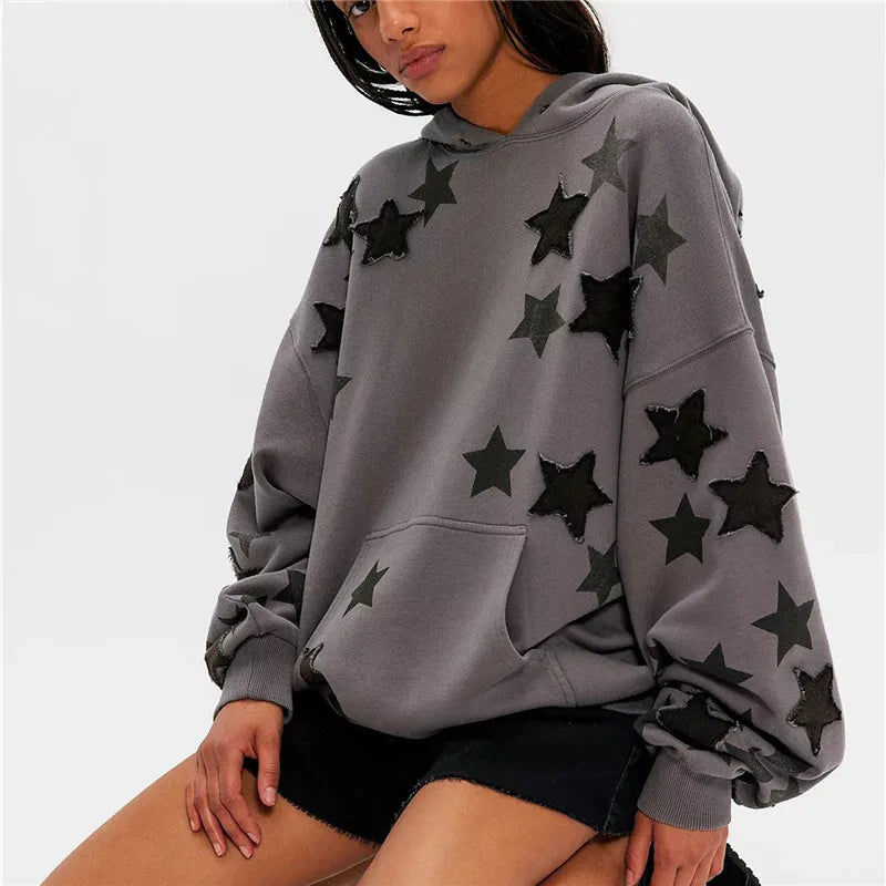 VacationGrabs American Casual Oversized Star Patch Hoodie Women Vintage Loose Drop Shoulder Kangaroo Pocket Everyday Street Sweatshirt