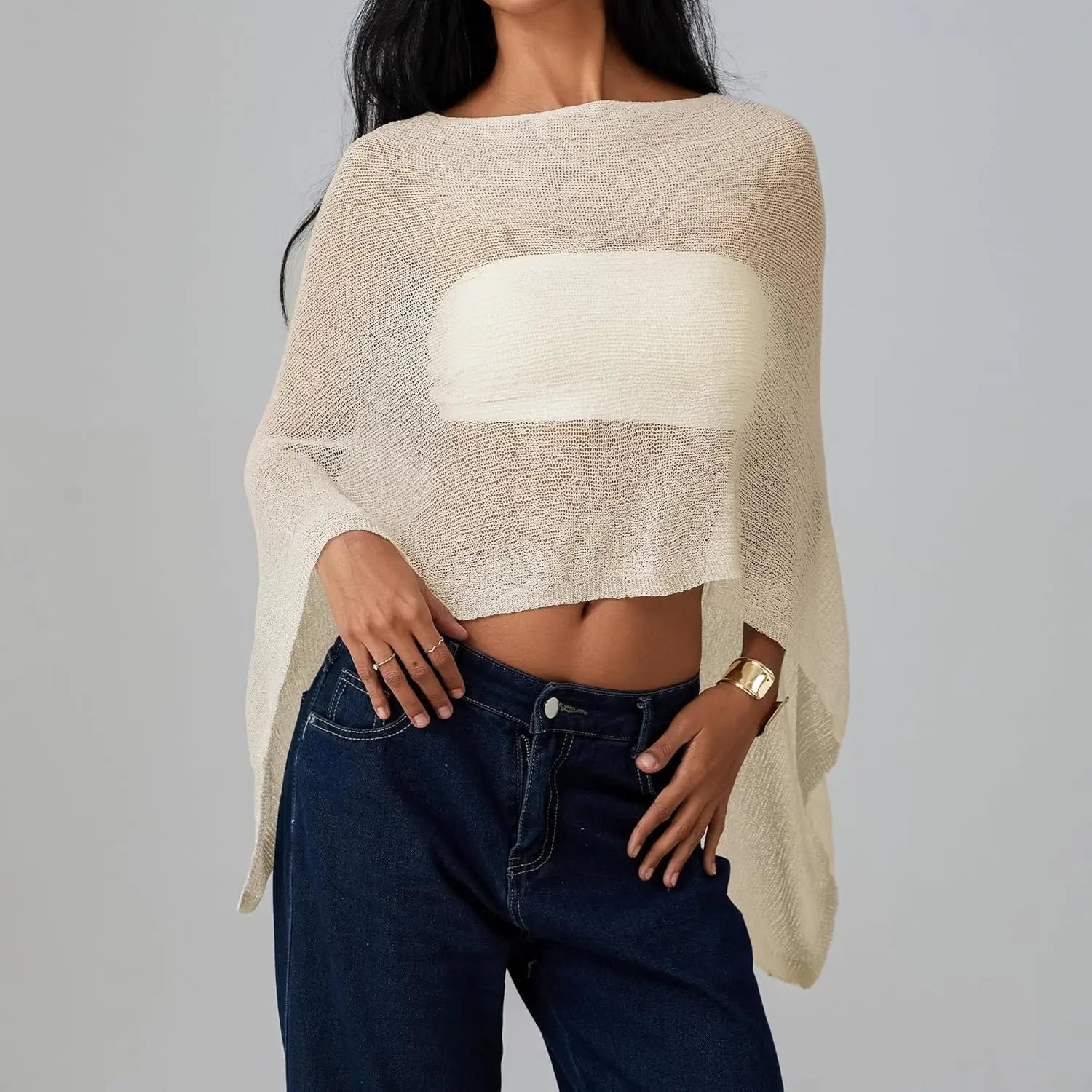 VacationGrabs Sheer Knitted Beach Poncho Cover Up for Women Lightweight Ponchos Capes Stylish Beachwear Swimwear Shawl Wraps