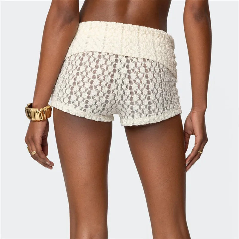 VacationGrabs Women Knitted Fold Over Shorts Slim Fit Ribbed Knit Mini Shorts Y2k Foldover Low Rise Sexy Micro Bottoms Streetwear