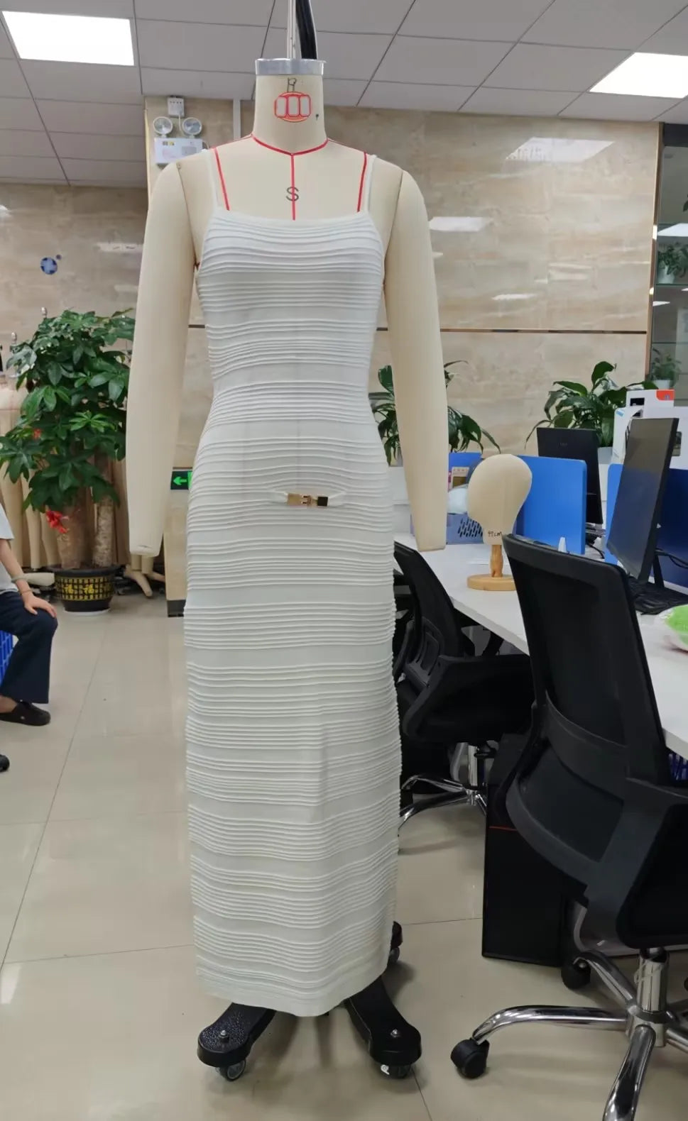 VacationGrabs Women Summer Vacation Maxi Dress Spaghetti Strap Square Neck Textured Knit Bodycon Pencil Dress Backless Slim Long Dress
