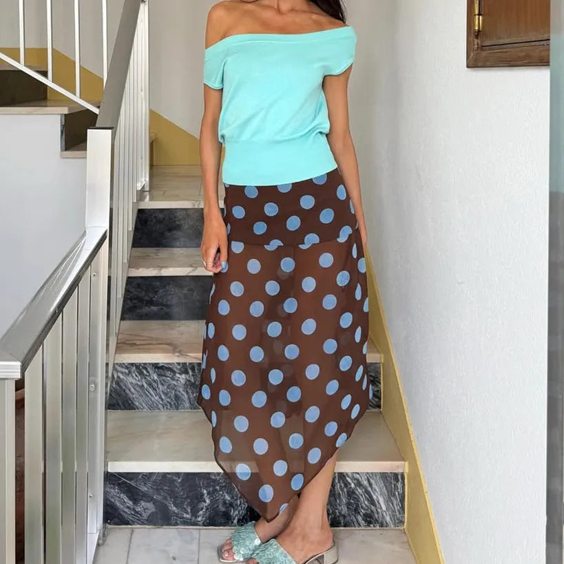 VacationGrabs Elegant Blue Polka Dot Skirt Women's Asymmetrical Chiffon Midi Skirt Y2K Summer Fashion Holiday Party Casual Lady Skirt