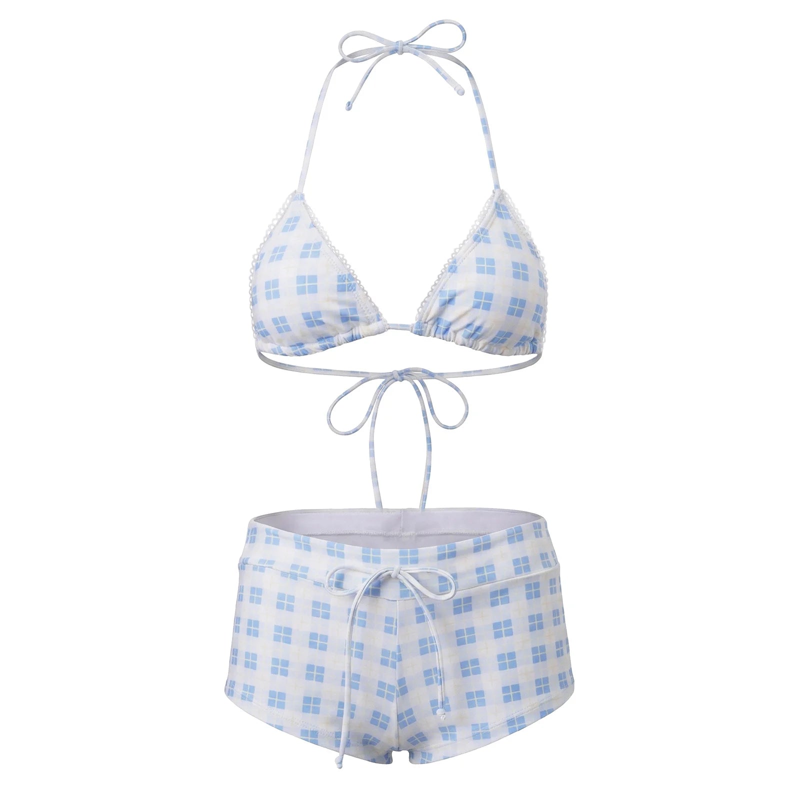 Blue and white checkered bikini set on a white background
