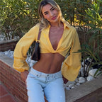 VacationGrabs Women Deep V Front Twisted Knot Cropped Blouse Lapel Collar Long Lantern Puff Sleeve Slim Crop Top Solid Casual Shirt
