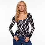 VacationGrabs Women Square Neck Polka Dot Print Long Sleeve Top Slim Fit Stretchy Y2K Vintage Casual Basic Tee Blouse Daily Wear