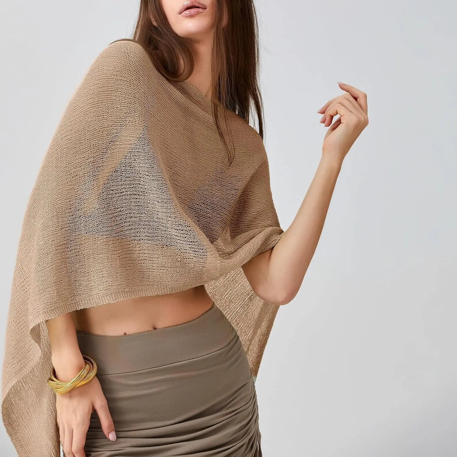 VacationGrabs Sheer Knitted Beach Poncho Cover Up for Women Lightweight Ponchos Capes Stylish Beachwear Swimwear Shawl Wraps