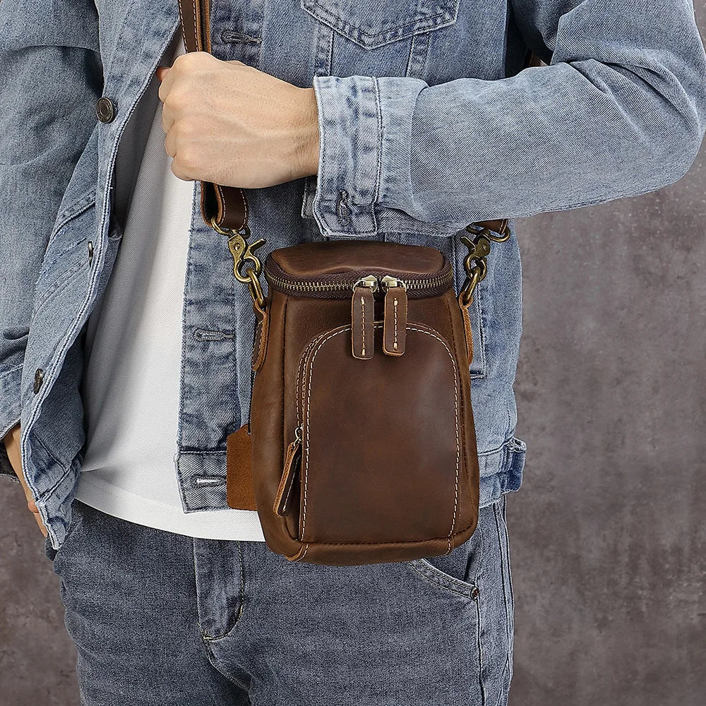 Vintage Leather Crossbody Sling Bag for Men with Belt Loop