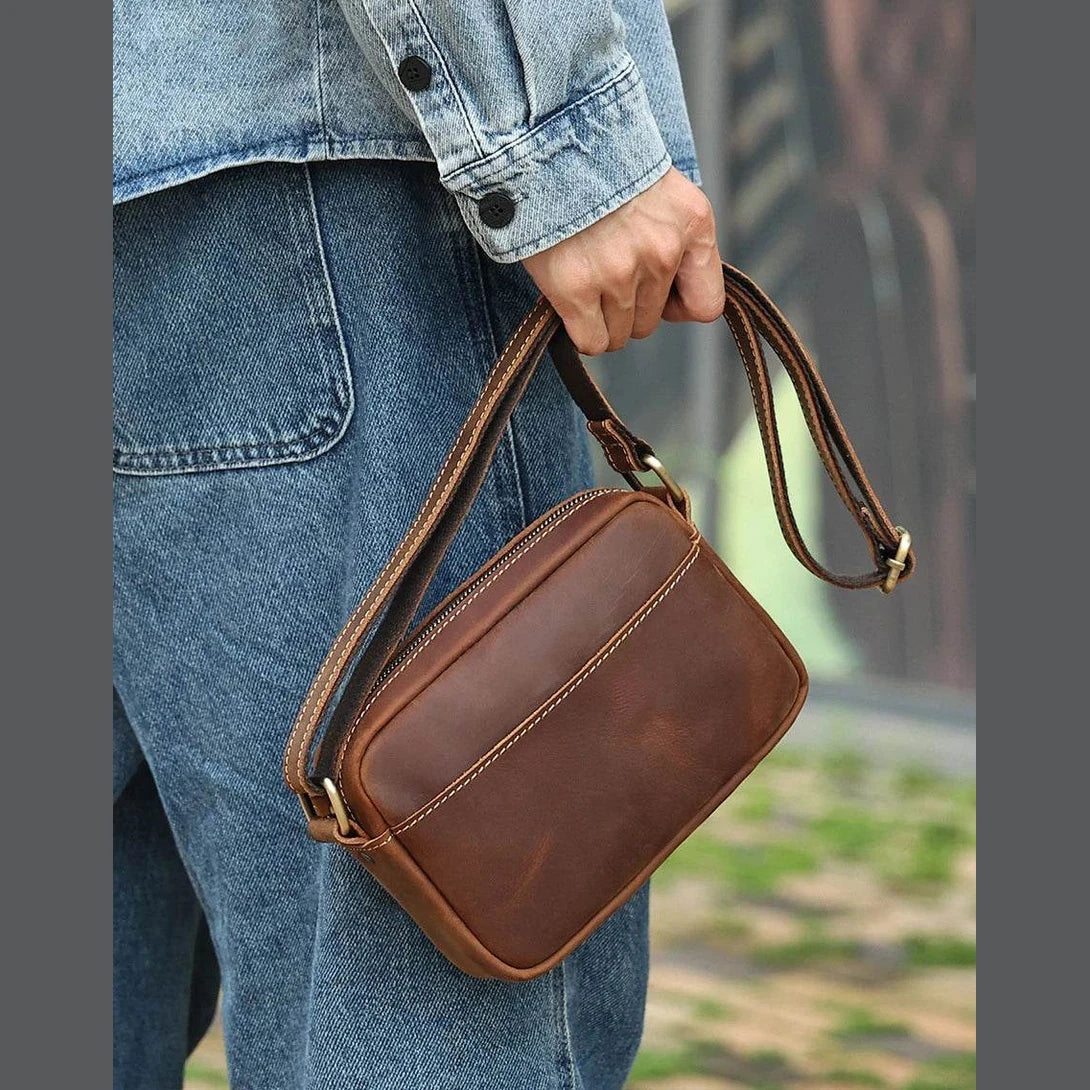 Crazy Horse Leather Messenger Bag Crossbody Shoulder Bag for Men - VacationGrabs