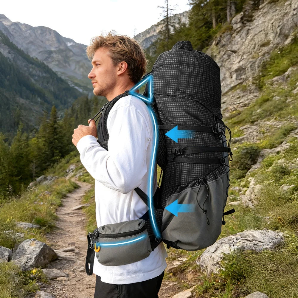 Roll-Top Internal-Frame Hiking Backpack with Rain Cover, 50-70L