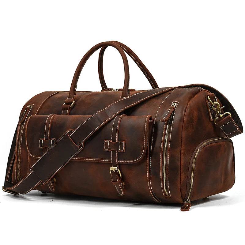 Large 58cm Genuine Leather Travel Bag Shoulder Bag with Shoe Compartment - VacationGrabs