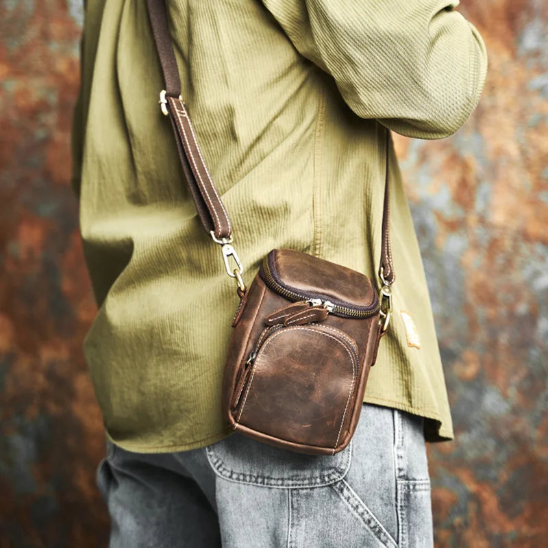 NASVA Genuine Leather Men's Waist Bag Vintage Small Satchel Shoulder Crossbody Bag Mobile Phone Bag