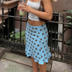 VacationGrabs Women's Boho Polka Dot Midi Skirt High Waist Ruffle Hem Silky Satin Flared Skirt Beach Vacation Summer Casual Skirt
