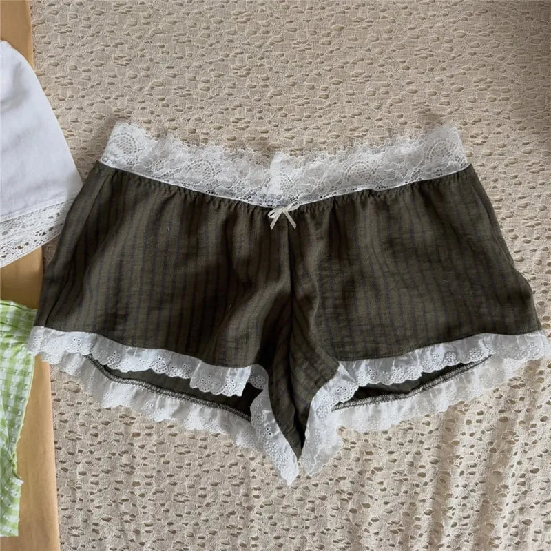 Women's Lace Trim Polka Dot Gingham Print Shorts Elastic Waist Bow Decor Loose Casual Loungewear Sleepwear for Home Daily Wear