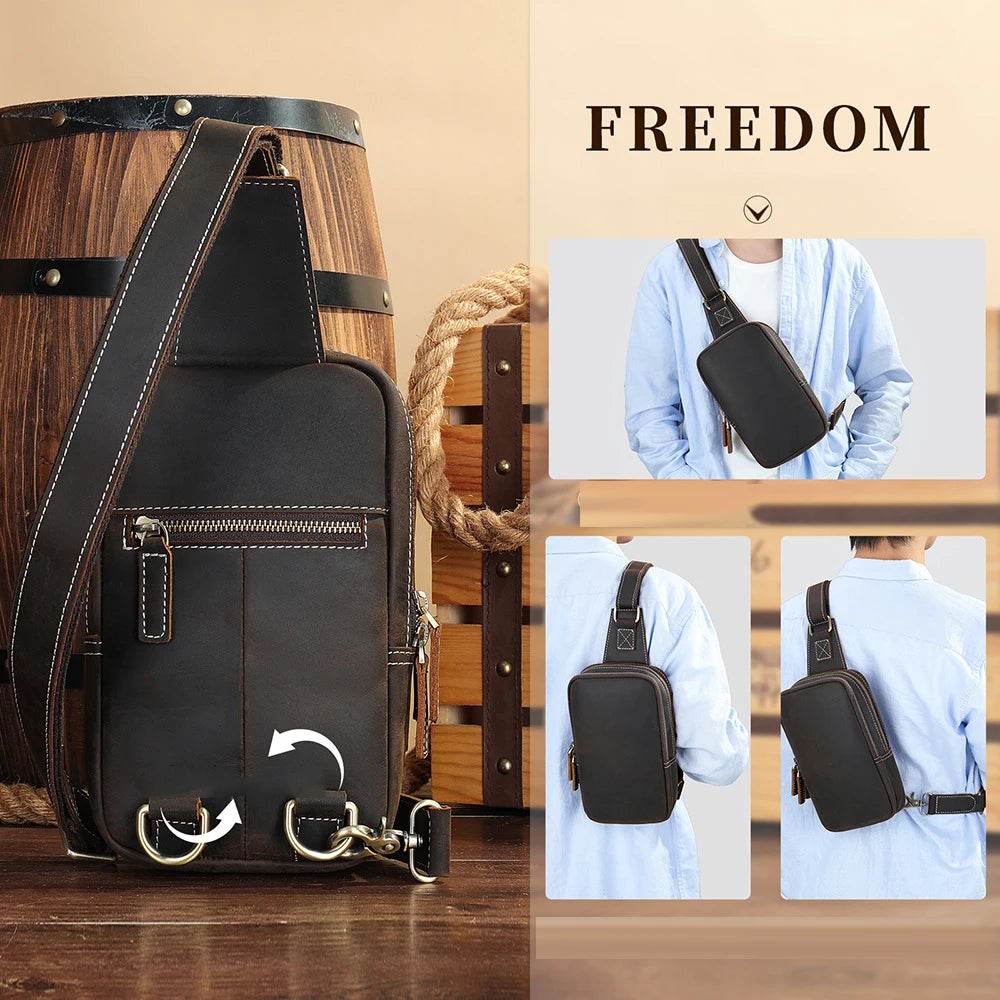 Thick Leather Chest Bag Real Cowhide Small Crossbody Sling Bag Men - VacationGrabs