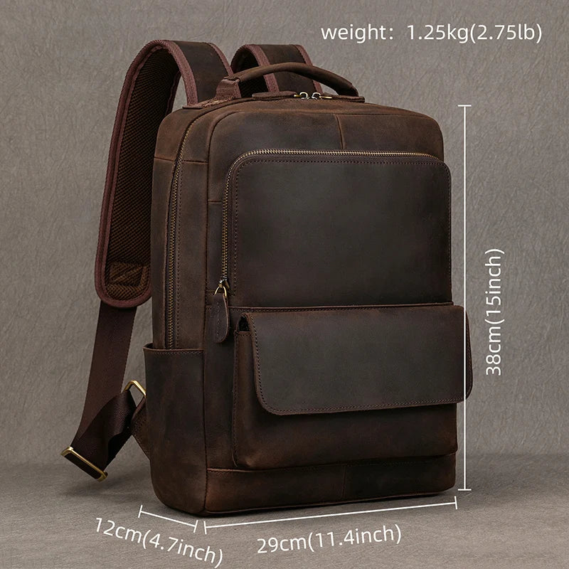 Men’s Crazy Horse Leather Backpack 15.6" Laptop School Bag
