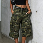 VacationGrabs Y2K Hip Hop Camo Cargo Capri Shorts Women Distressed Ripped Multi Side Pocket Baggy Wide Leg Camouflage Streetwear