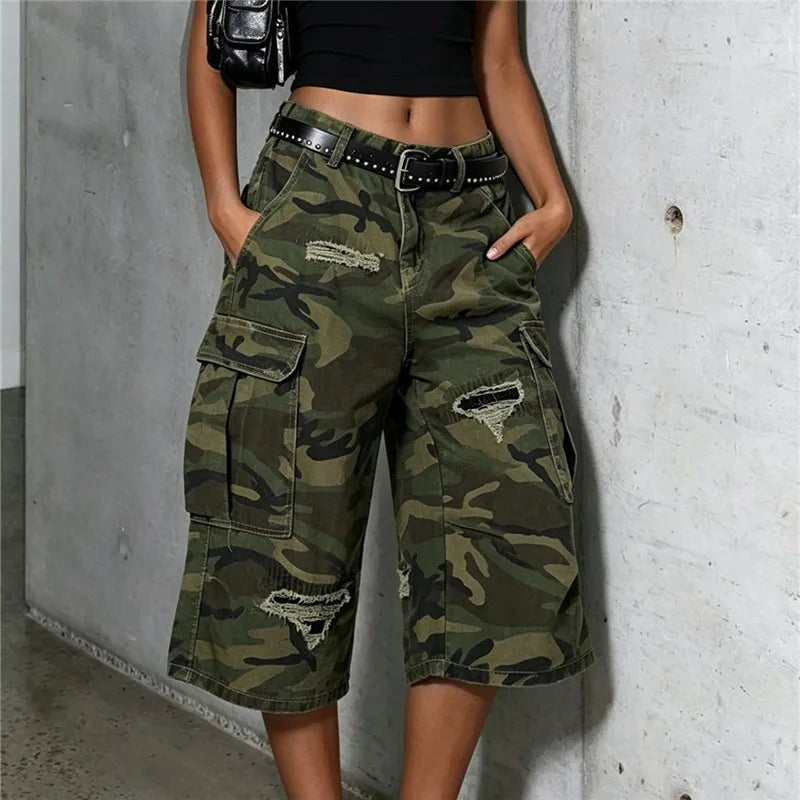 VacationGrabs Y2K Hip Hop Camo Cargo Capri Shorts Women Distressed Ripped Multi Side Pocket Baggy Wide Leg Camouflage Streetwear
